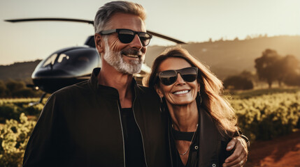 Happy mature romantic couple posing in front of helicopter. Businessmen flew to their vineyard to check the quality of the harvest - Powered by Adobe