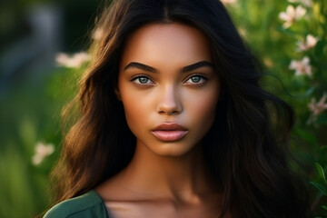 Fototapeta premium Generative AI picture of lovely beautiful adorable girl with natural makeup isolated on blurred background