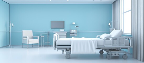 Hospital room with bed and amenities rendered in for recovery or inpatient use with copyspace for text