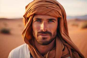 Young arab man in national clothes and turban Muslim man Saudi african moroccan yemenite persian men generative ai - obrazy, fototapety, plakaty