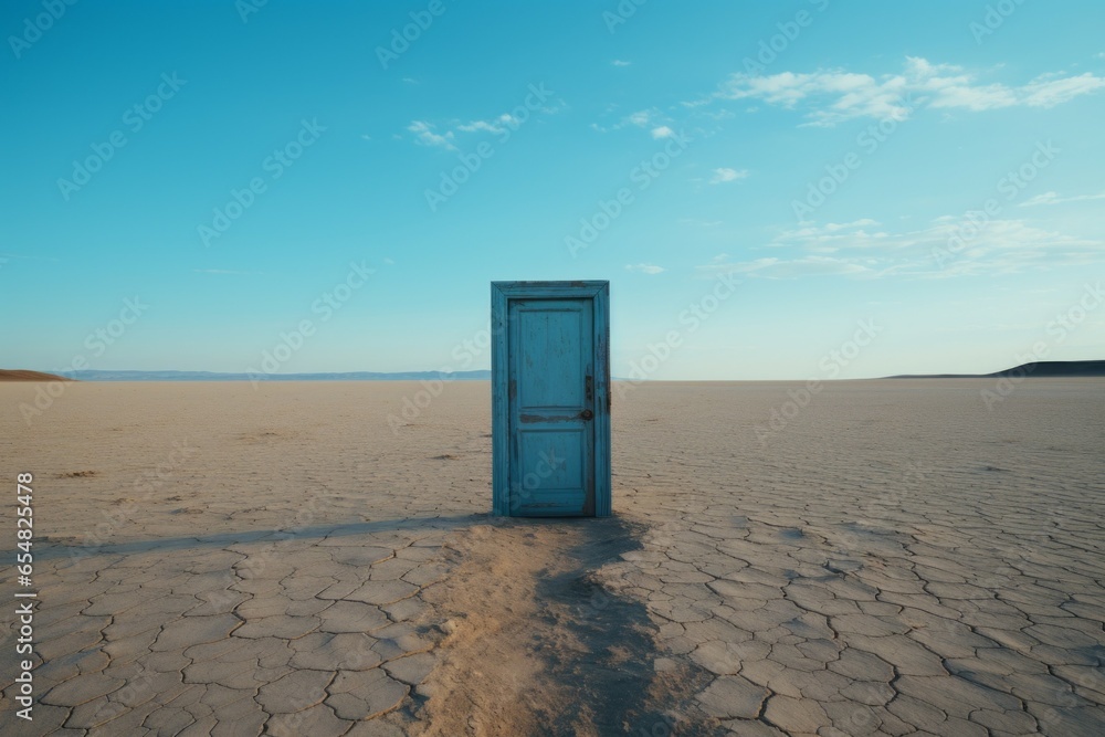 Poster door in the desert. background with selective focus and copy space