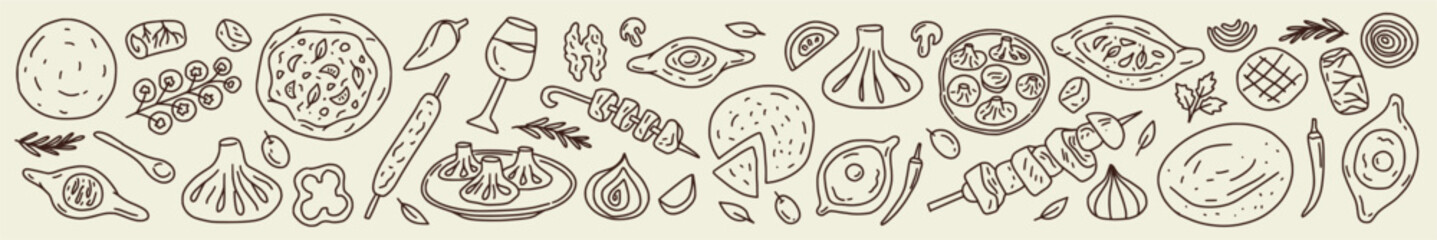 Vector horizontal collection of traditional Georgian cuisine: shish kebab, khinkali, khachapuri, wine, tortillas. The illustration is hand-drawn in the style of a doodle.