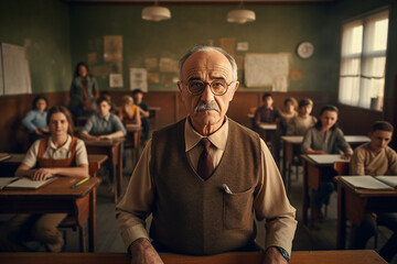 Photo of senior handsome old man standing in class room sunshine day educational settings  background generative AI