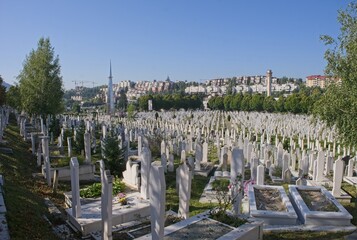 Sarajevo, Bosnia and Herzegovina - Sep 29, 2023: Mezarje Stadion. Many of the 11541 victims are...