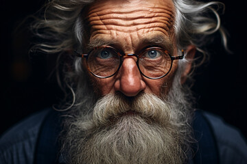 Close up photography of old wise sad man wear eyeglasses generative ai modern technology