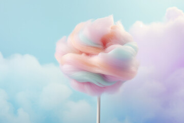 Close up generative AI picture of colorful pastel blue and pink fluffy soft cotton candy