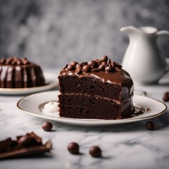 homemade and delicious sliced cake with cocoa and chocolate on white marble in a plate
