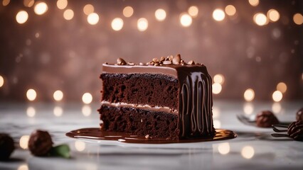 homemade and delicious sliced cake with cocoa and chocolate on white marble in a plate
