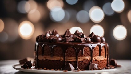 homemade and delicious cake with cocoa and chocolate on white marble in a plate
