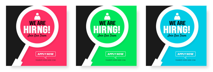 We are hiring job vacancy social media post banner design template set. business concept of search and recruitment. join our team announcement lettering in speech. Vector Illustration. - obrazy, fototapety, plakaty