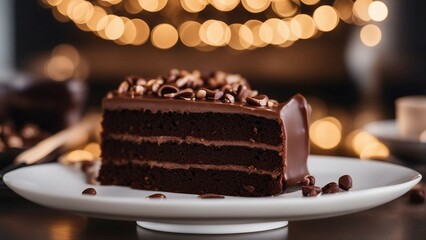 homemade  delicious cake with cocoa and chocolate on white marble in a plate with background lights
