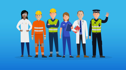 Simple flat emergency services team vector characters. Diverse health, police and construction workers. Characters doing different jobs in uniform. Easy to edit flat modern trendy style.