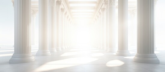 Sunlight filters through pillars in a lengthy bright hallway with copyspace for text