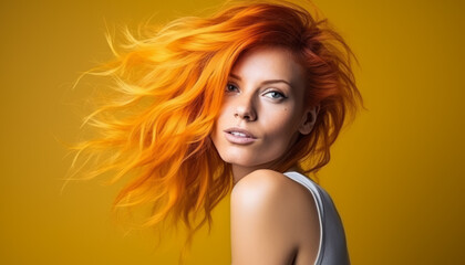 Studio portrait of a young caucasian woman with golden hairstyle on a golden backdrop