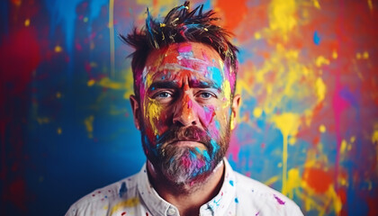 Portrait of man with colored face having fun with colorful paint
