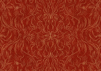 Hand-drawn unique abstract symmetrical seamless gold ornament with splatters of golden glitter on a bright red background. Paper texture. Digital artwork, A4. (pattern: p11-1a)