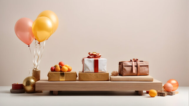 gift boxes, balloons and wooden podium on white wooden table for promotion sale banner and promotion sale poster concept. 