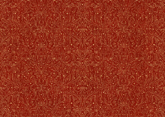 Fototapeta premium Hand-drawn unique abstract symmetrical seamless gold ornament with splatters of golden glitter on a bright red background. Paper texture. Digital artwork, A4. (pattern: p11-2b)