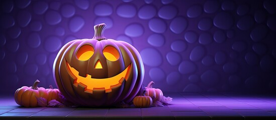 Glowing Jack O Lantern pumpkin with signboard on purple background for Halloween with copyspace for text