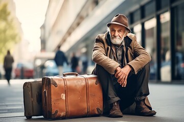 poor Senior old man sitting with suitcase on the city street - obrazy, fototapety, plakaty