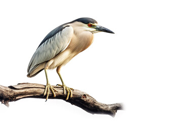 Image of black-crowned night heron bird on a branch on a white background. Birds. Animals. Illustration, Generative AI.