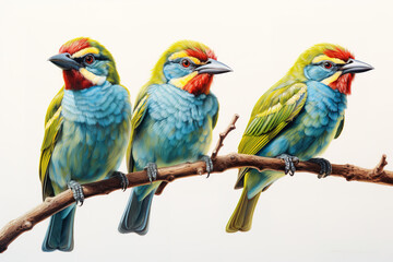 Image of group of blue-throated barbet bird on a branch on a white background. Birds. Animals. Illustration, Generative AI.