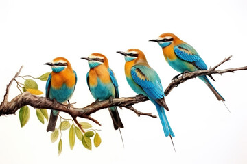 Image of group of chestnut-headed bee-eater bird on a branch on a white background. Birds. Animals. Illustration, Generative AI.
