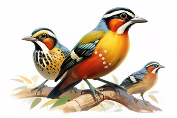 Image of group of malayan banded pitta on a branch on a white background. Birds. Animals. Illustration, Generative AI. - obrazy, fototapety, plakaty