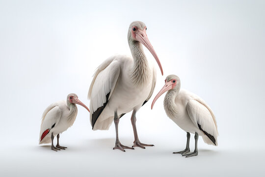 Image of group Ibis birds on a white background. Birds. Animals. Illustration, Generative AI.