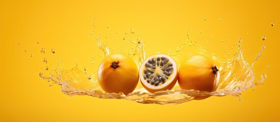 Raw passion fruit levitating in yellow background representing zero gravity and high resolution...