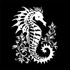 black and white line art illustration design of seahorses and plants on a black background