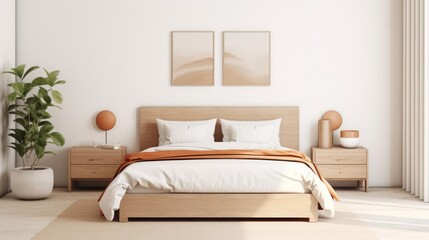 Fototapeta na wymiar a contemporary bedroom with brown minimalist furniture