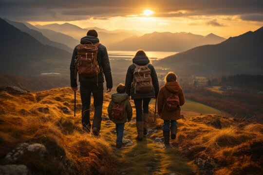A family hiking together in a scenic mountain landscape, with children exploring the wilderness and parents leading the way