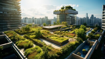 a green rooftop garden on a modern skyscraper, showcasing the eco-friendly and sustainable design of urban spaces