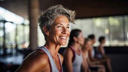 a woman in her 50s having fun during exercise class