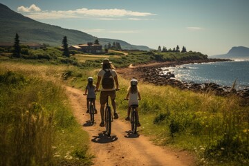 A family of four biking along a scenic coastal trail, with the sea breeze in their hair and breathtaking ocean views in the background - Powered by Adobe
