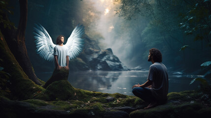 Young man seeing an apparition of an angel looking like him. Angelic being with glowing wings appearing to a person in a dark mysterious forest.