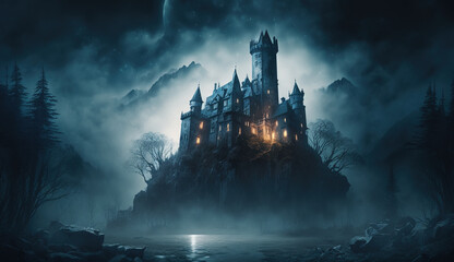Dark and mysterious haunted castle on a rocky island on a misty night. Old fortress with glowing lights in windows.