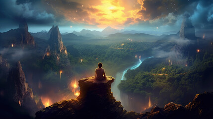 Person meditating in a magical environment with a view over majestic valley and mountains. Beautiful Earth in golden light. - obrazy, fototapety, plakaty