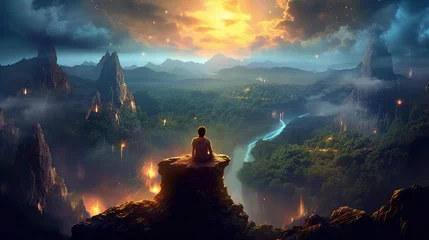 Fotobehang Person meditating in a magical environment with a view over majestic valley and mountains. Beautiful Earth in golden light. © Studio Light & Shade