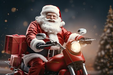 Santa Claus with white beard ride on red retro moped. Carrying gifts on a moped. Generative ai art.