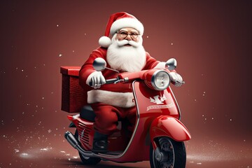 Santa Claus with white beard ride on red retro moped. Carrying gifts on a moped. Generative ai art.