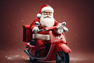 Tuinposter Santa Claus with white beard ride on red retro moped. Carrying gifts on a moped. Generative ai art. © Sci-Fi Agent