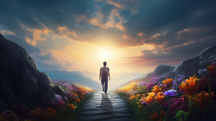Man with a backpack walking towards the light through the beautiful landscape with blooming flowers. Path leading to sunlight.