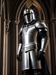 Naklejka premium Knight. Silver armor. Gothic church. Sunset. Maximum