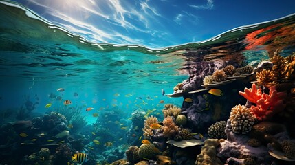 Fototapeta na wymiar A vibrant coral reef teems with an astonishing diversity of marine life, including schools of neon-hued fish, intricate soft corals, and elusive seahorses, creating a kaleidoscope of colors and shapes