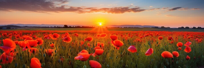 Sunrise over fields with poppies - obrazy, fototapety, plakaty