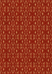 Hand-drawn unique abstract symmetrical seamless gold ornament with splatters of golden glitter on a bright red background. Paper texture. Digital artwork, A4. (pattern: p10-3f)