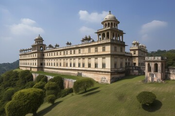 A majestic royal palace nestled in the countryside. Generative AI - obrazy, fototapety, plakaty