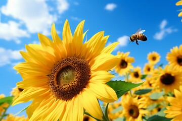 Naklejka premium Bee on sunflower, collecting pollen. Nature photo. Generative AI